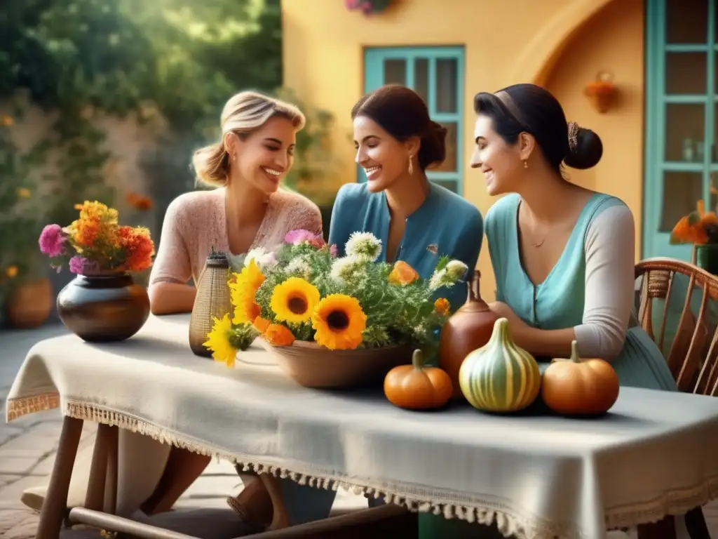 Grupo de amigos disfrutando del mate con esencias florales en un patio encantador