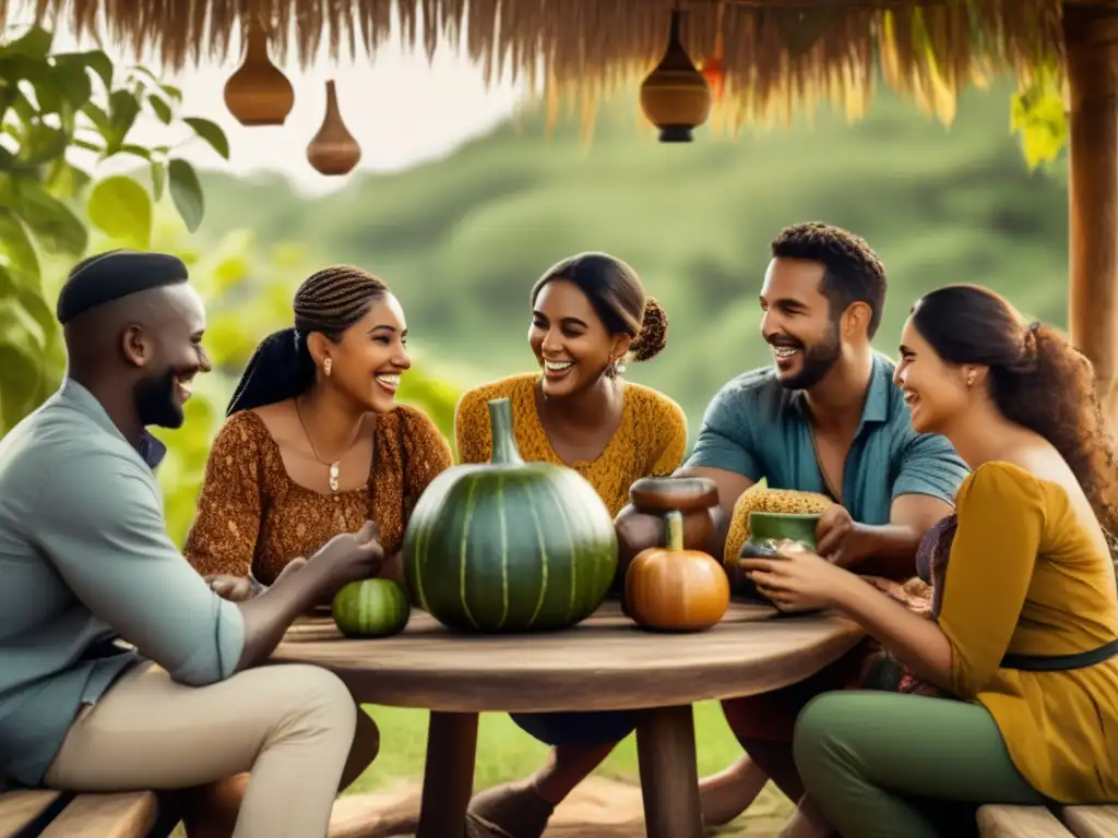 Un grupo de amigos disfrutan de un momento íntimo alrededor de un mate frío en un entorno natural y acogedor, creando recuerdos inolvidables