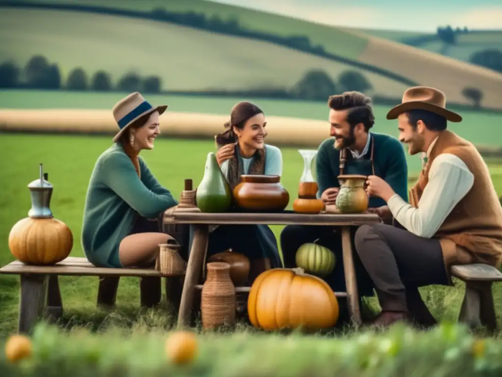 Un grupo de amigos disfrutando de una sesión de mate en un ambiente campestre con mate ecológico sostenible