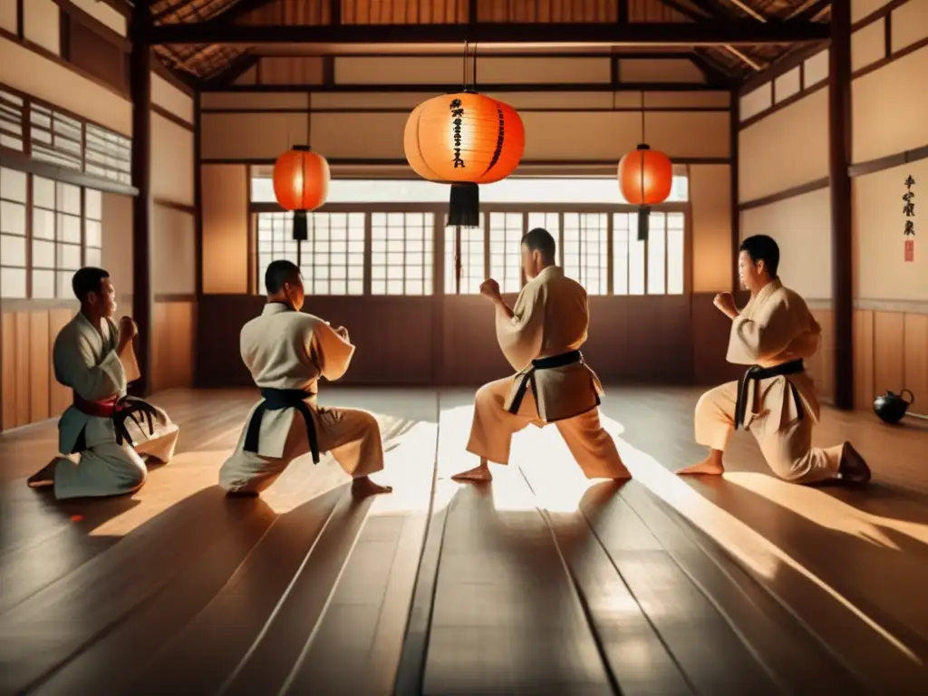 Grupo de artistas marciales practicando en un dojo con mate y artes marciales internacionales