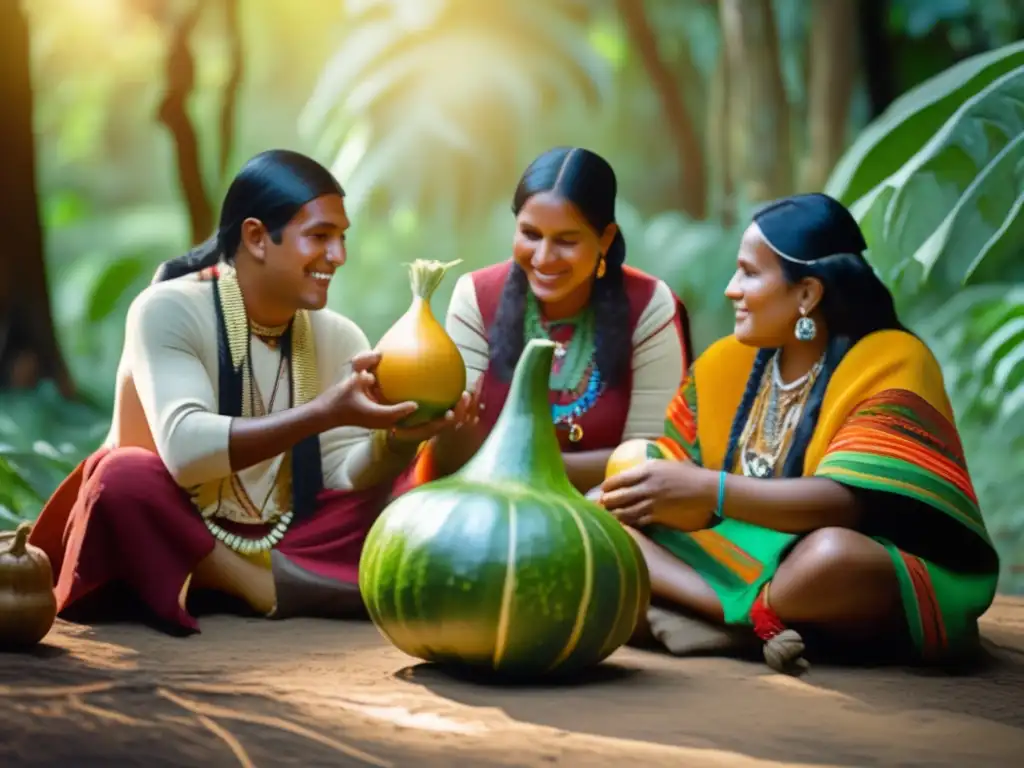 Grupo de indígenas sudamericanos compartiendo yerba mate en un bosque verde con rica tradición cultural y conexión ancestral