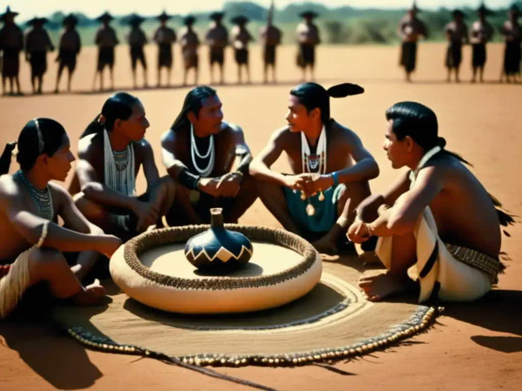 Grupo de indígenas Guarani participando en tradición del mate en el exilio