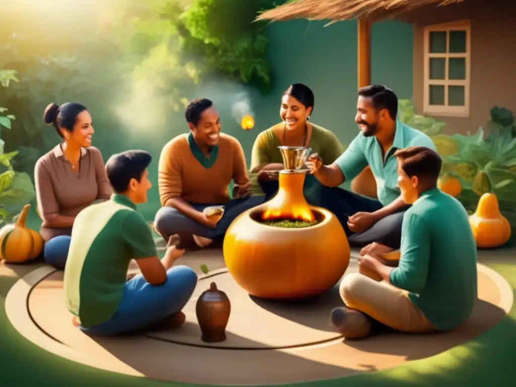 Círculo de amigos disfrutando del mate Grupo disfrutando de mate en patio soleado, promoviendo la amistad y beneficios de la yerba mate en el metabolismo