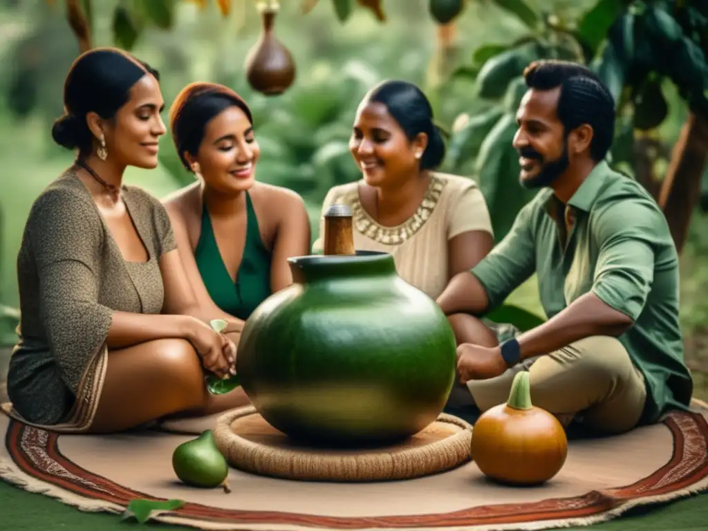 Grupo de personas en círculo de mate, con naturaleza exuberante y mate vintage