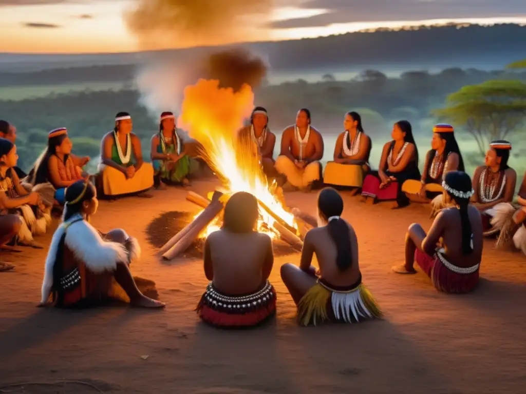 Grupo de indígenas Guarani en ritual con mate en bosque exuberante, resaltando origen histórico y propiedades del mate