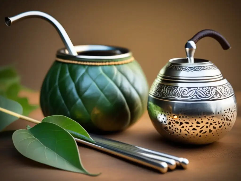 Helados artesanales de yerba mate y tradicional mate gourd y bombilla en imagen vintage