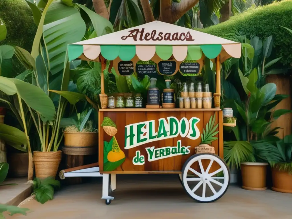 Helados artesanales de yerba mate en carrito de madera vintage rodeado de vegetación exuberante y hojas de yerba mate