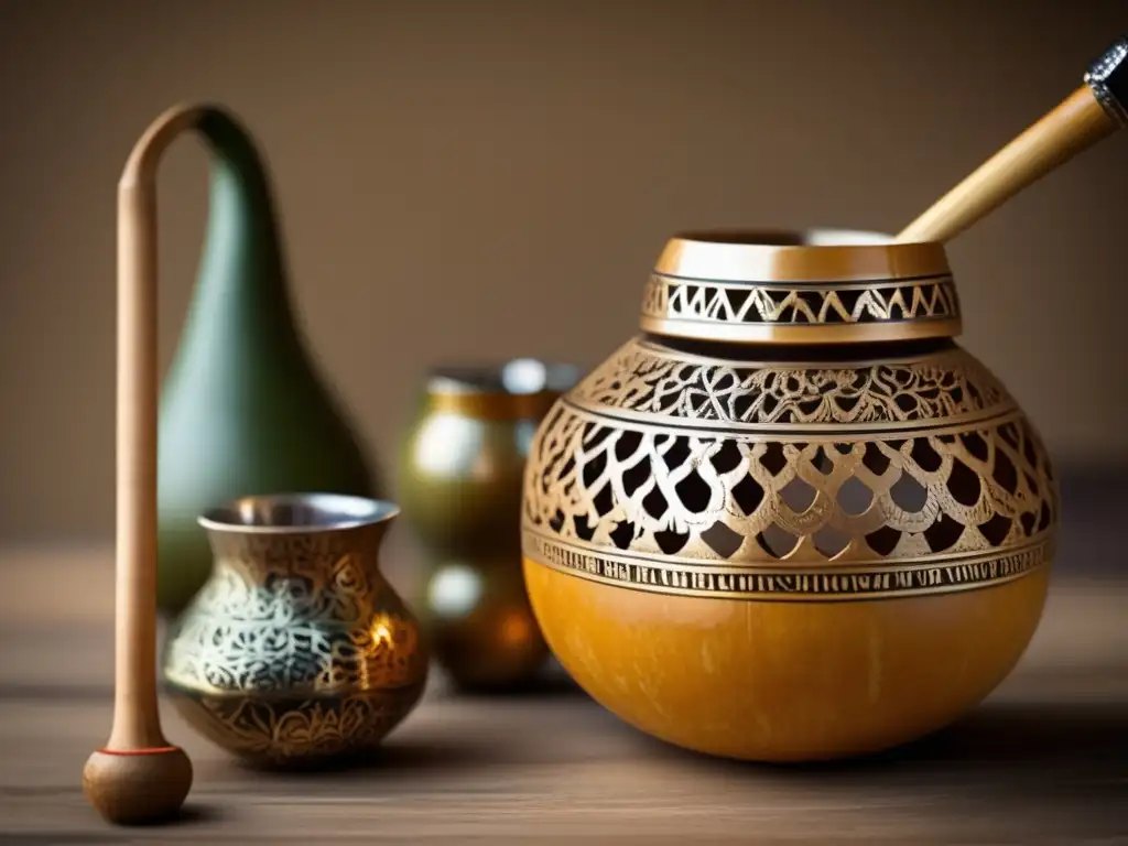 Herramientas tradicionales de mate: mate gourd y bombilla con diseños intrincados, evocando nostalgia y tradición