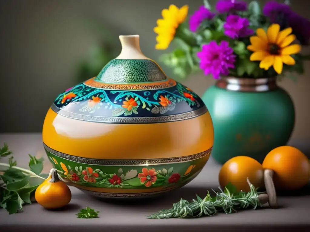 Mate en alta gastronomía: gourd, bombilla, hierbas aromáticas, flores coloridas, tradición y elegancia