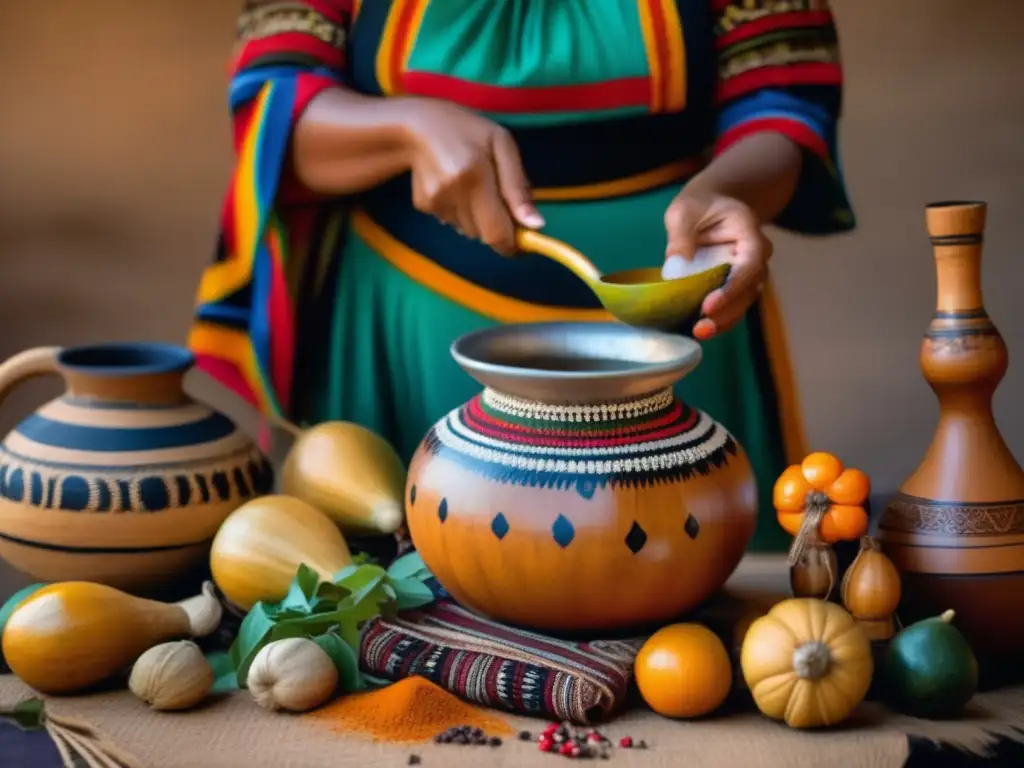 Infusión de hierbas y especias para mate con una mujer Guarani tradicional y colorida