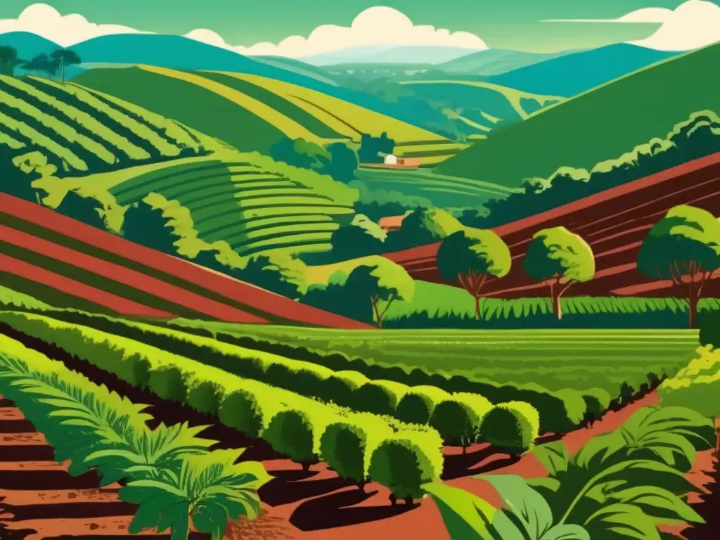 Historia y cultura del mate en la región rioplatense: ilustración vintage de un paisaje exuberante con plantación de mate y casa rústica