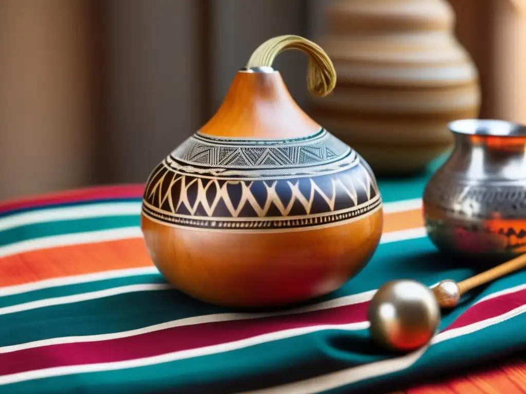 Historia del mate en la región: Mate gourd, bombilla y textil indígena, reflejando la rica herencia cultural