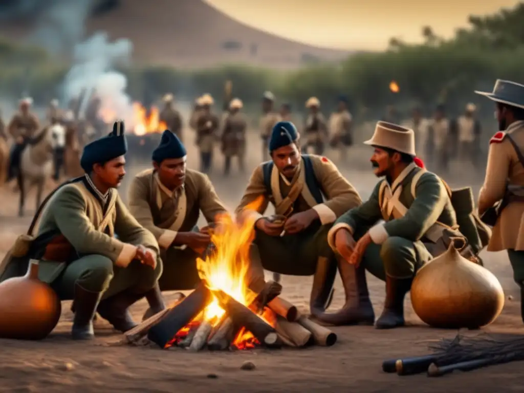 Historia del mate en la guerra, soldados reunidos alrededor de un fuego, uniformes gastados, mate compartido, hermoso atardecer