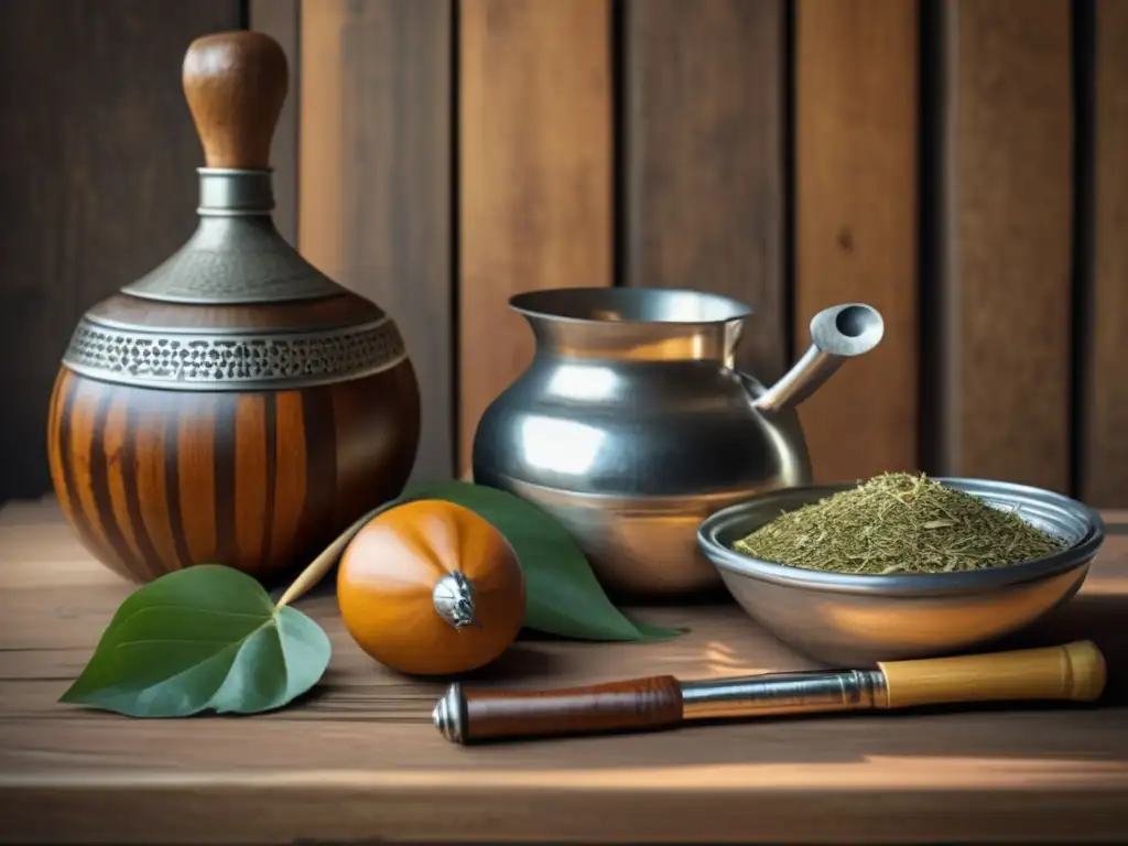 Historia del mate en la independencia: Escena vintage de una mesa de madera con mate y bombilla de plata, mapa de Argentina de fondo