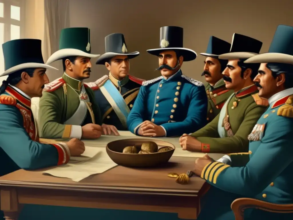 Historia del mate en la independencia: Pintura vintage de caudillos reunidos alrededor de una mesa, estrategizando y compartiendo mate