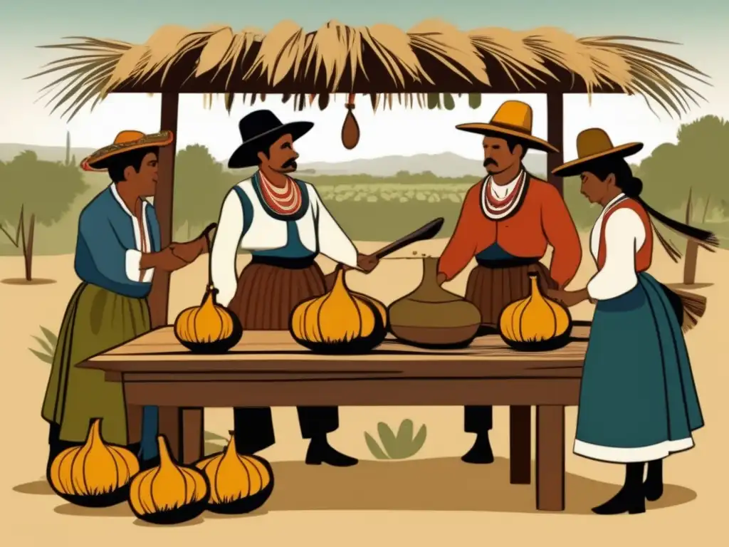 Historia del mate en la independencia: tradicional ceremonia de mate con gauchos y caudillos en un entorno campestre, ilustración vintage