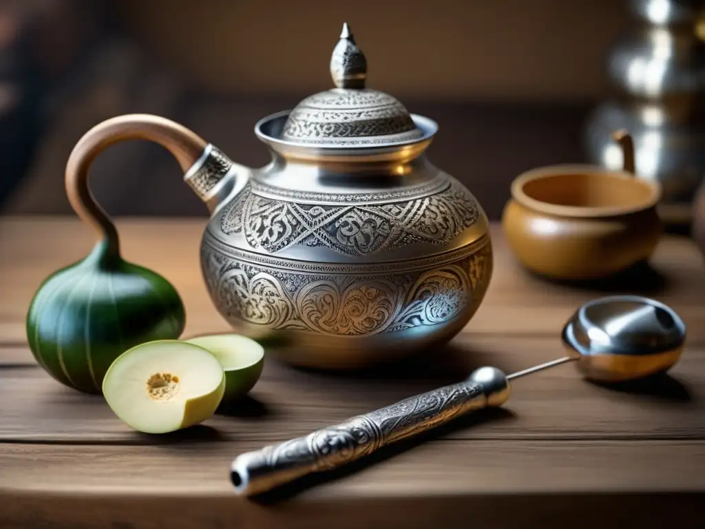 Historia del mate de lujo: Preparación vintage con mate gourd, bombilla de plata y enseres ornamentados