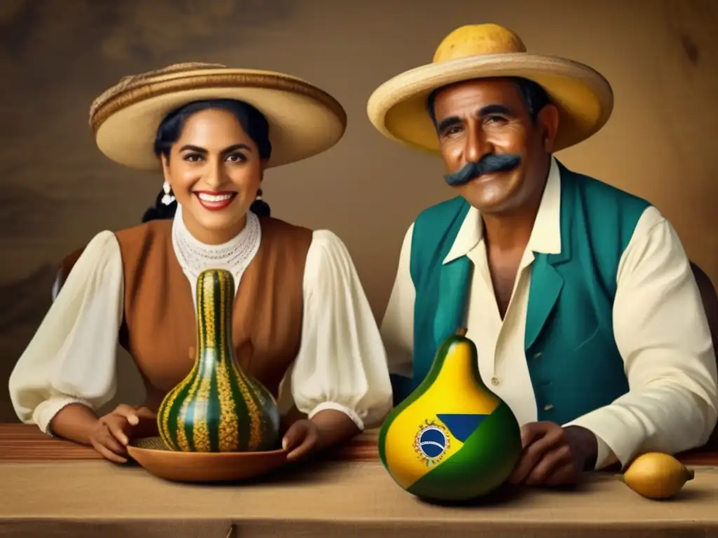 Historia del mate en Brasil: Comparación vintage entre mate en Brasil y Argentina, con personajes, paisajes y detalles ricos en cultura y tradición