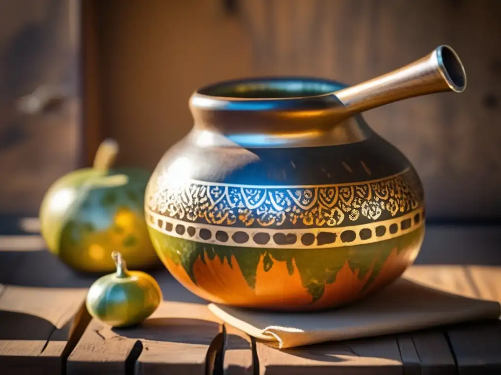 Mate gourd y bombilla artesanales en mesa de madera Historia y rituales de la yerba mate en una imagen nostálgica de una tradicional bombilla y mate decorados a mano