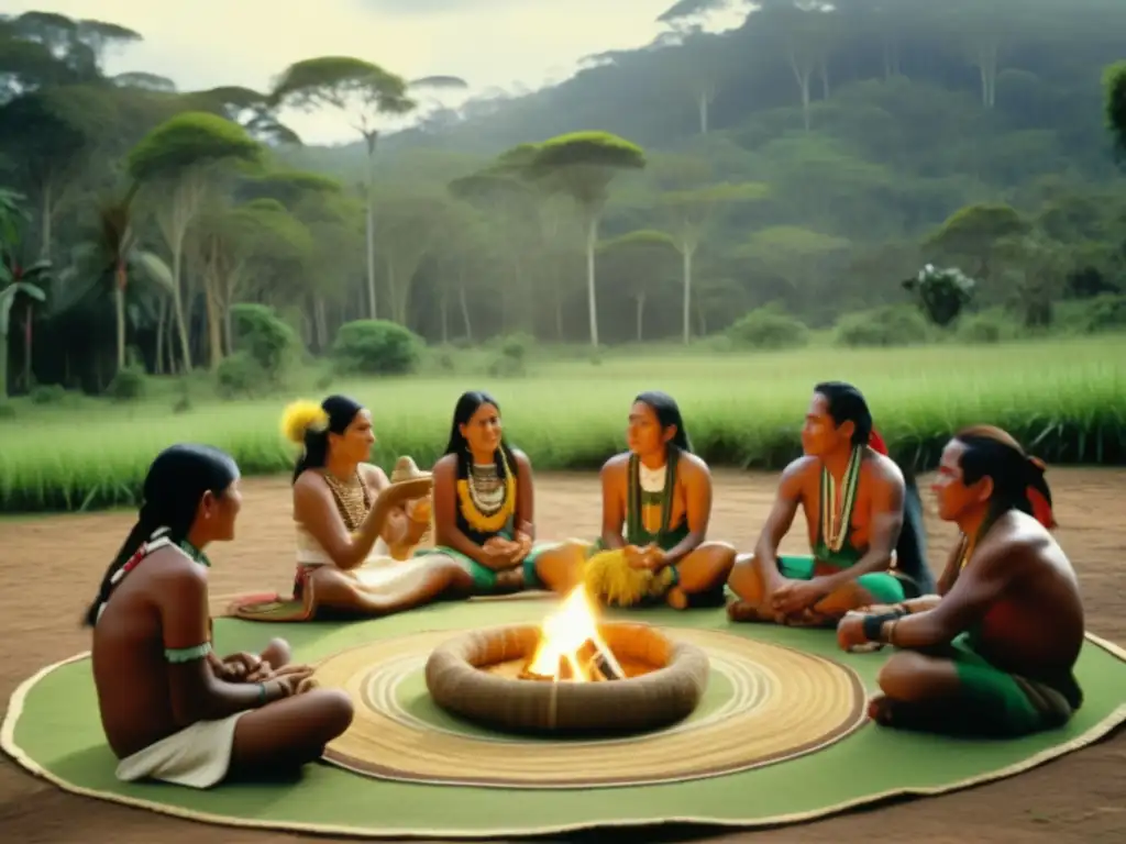Ceremonia guaraní de consumo de yerba mate Historia y rituales de la yerba mate en una ceremonia Guarani tradicional rodeada de naturaleza exuberante