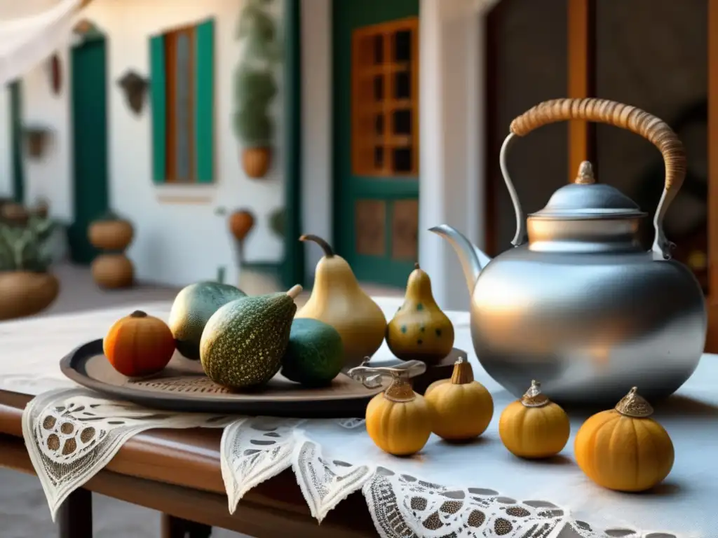 Historia de la yerba mate: una escena vintage en un patio sudamericano con mesa de madera, mates antiguos y gente en camaradería