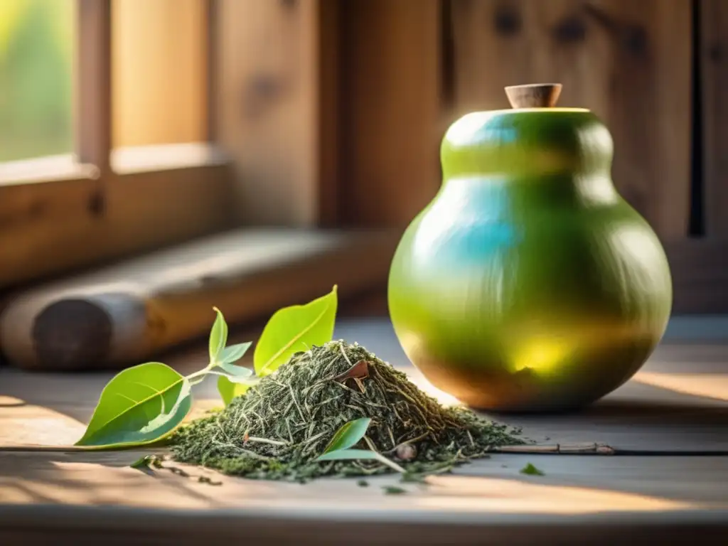 Hojas de mate superior: gourd vintage con yerba mate verde vibrante y textura impecable, rodeado de hojas y ramitas secas en una mesa rústica