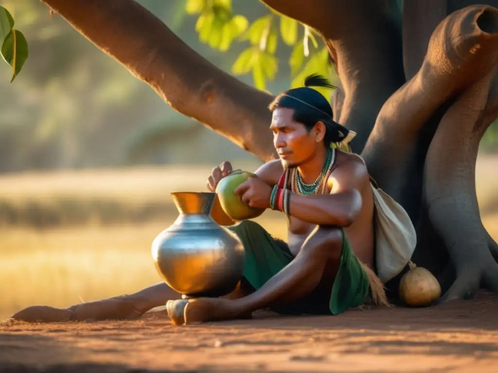 Hombre guaraní tradicional tomando mate bajo un árbol antiguo - Nanotecnología en conservación del mate