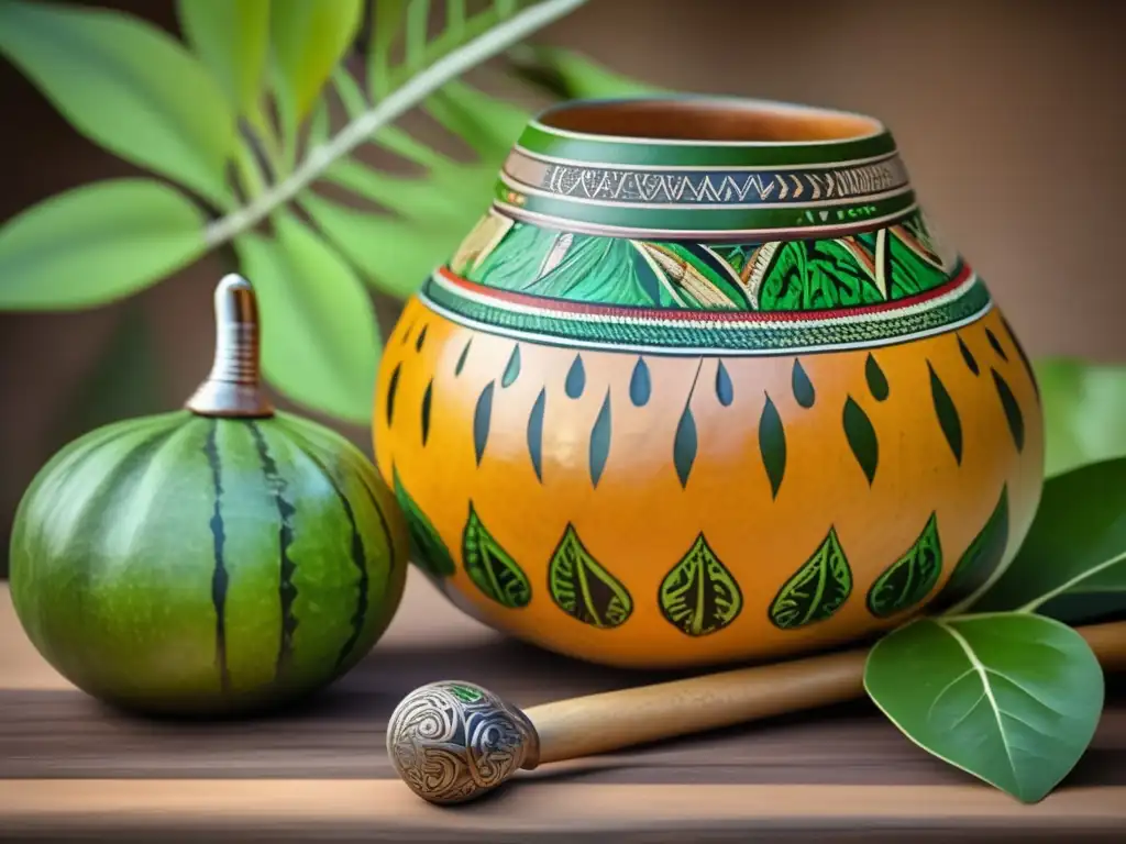 Icono cultural contemporáneo mate: gourd y bombilla tradicionales con detalles exquisitos y hojas verdes vibrantes