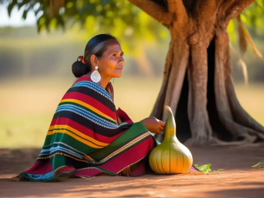 Icono cultural contemporáneo: mujer guaraní disfrutando del mate bajo un árbol en el campo paraguayo