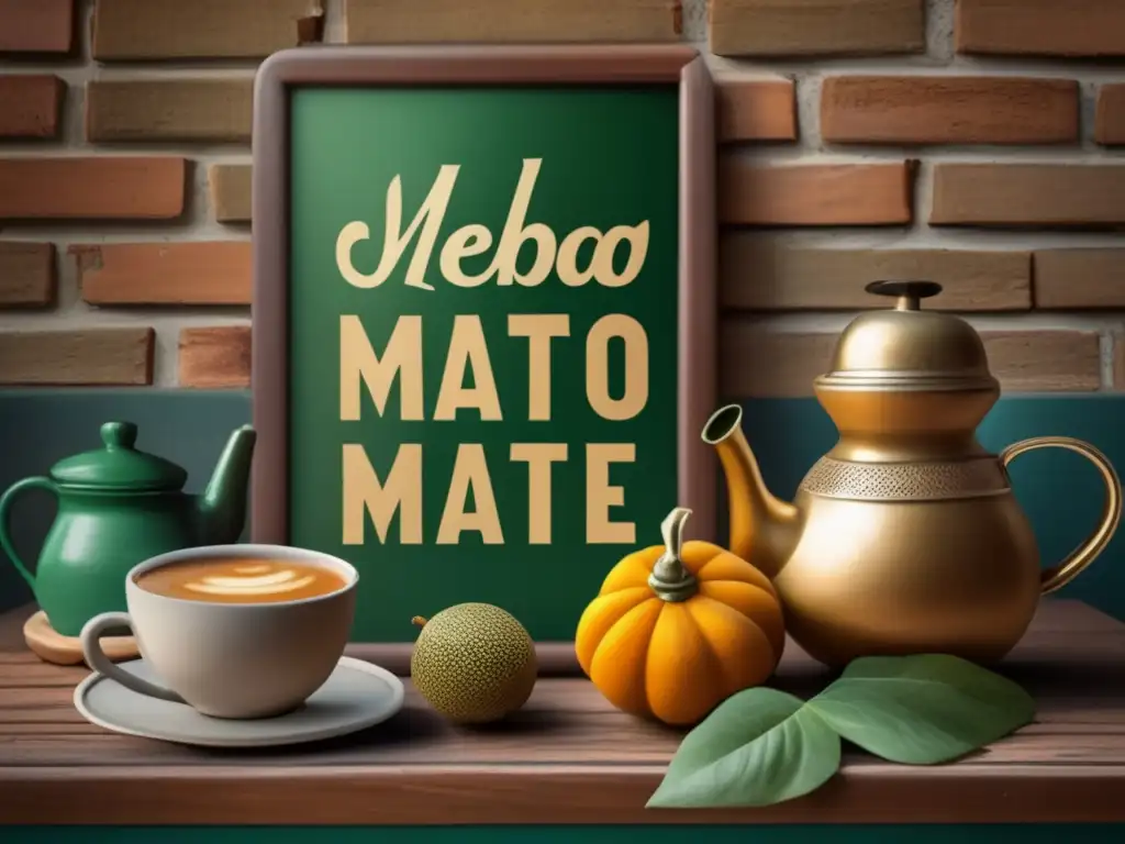 Imagen de un acogedor café en Buenos Aires con una mesa de madera tradicional mate, termo y yerba