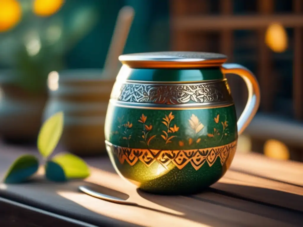 Imagen: Mate de cerámica con detalles florales en una mesa de madera