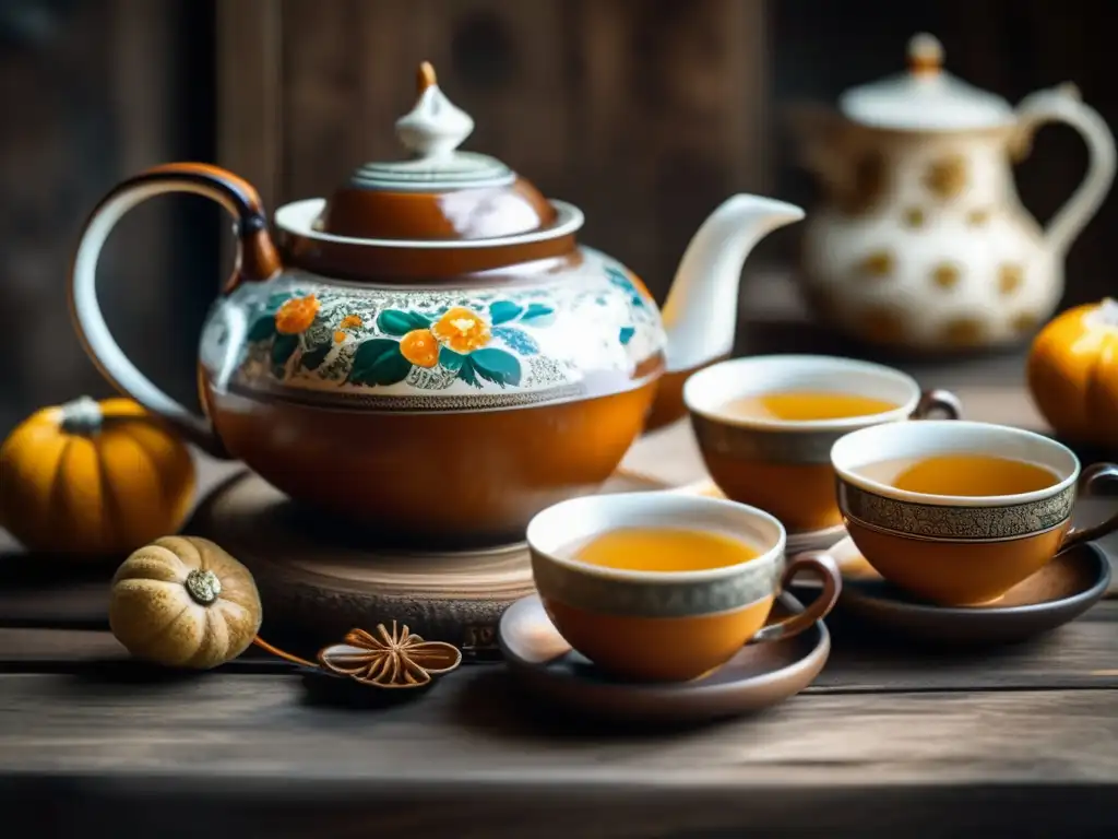 Imagen: Conjunto de té vintage con porcelana delicada, teapot y tazas a juego, sobre una mesa de madera rústica