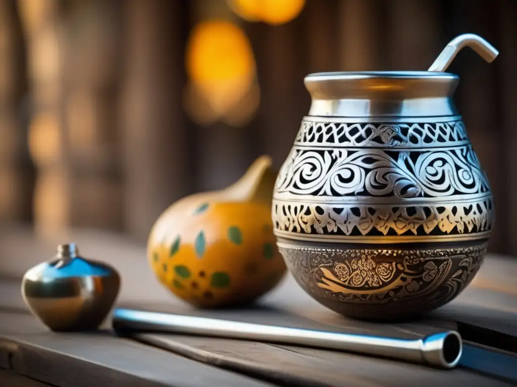 Una imagen detallada de un conjunto vintage de mate, con una tradicional calabaza y una bombilla de plata, sobre una mesa de madera desgastada