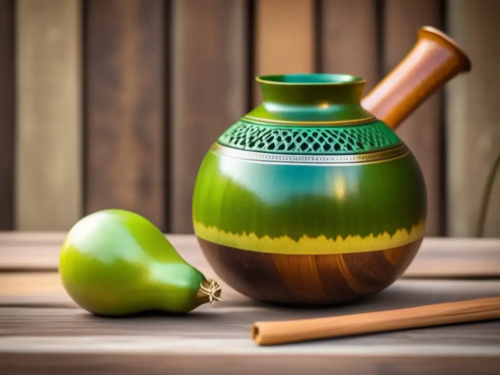 Imagen detallada de una mate gourd de madera vintage con yerba mate y bombilla, evocando tradición y sociabilidad