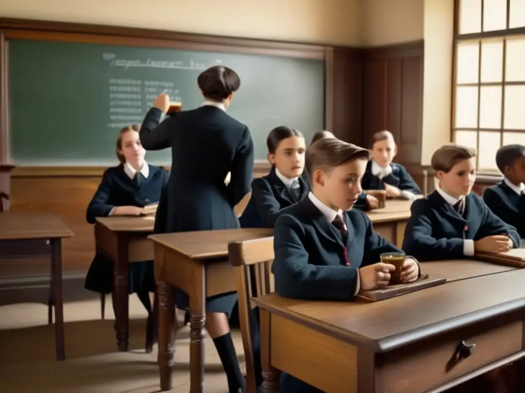 Imagen de enseñanza del mate en escuelas: estudiantes escuchando al profesor y disfrutando de mate