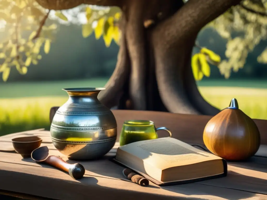 Imagen de escena campestre con mesa de madera bajo árbol, mate de plata y libro de rituales de mate para atletas