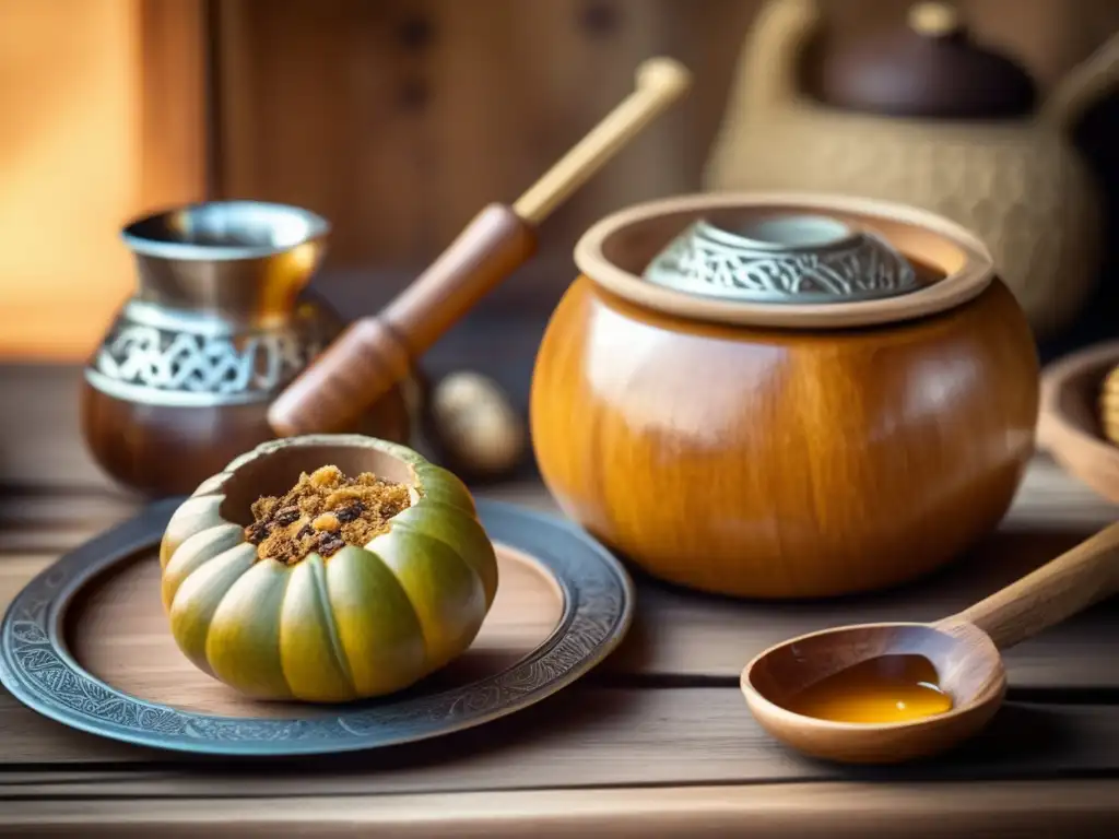 Imagen: Escena de preparación de mate vintage con galletas de mate y miel artesanales