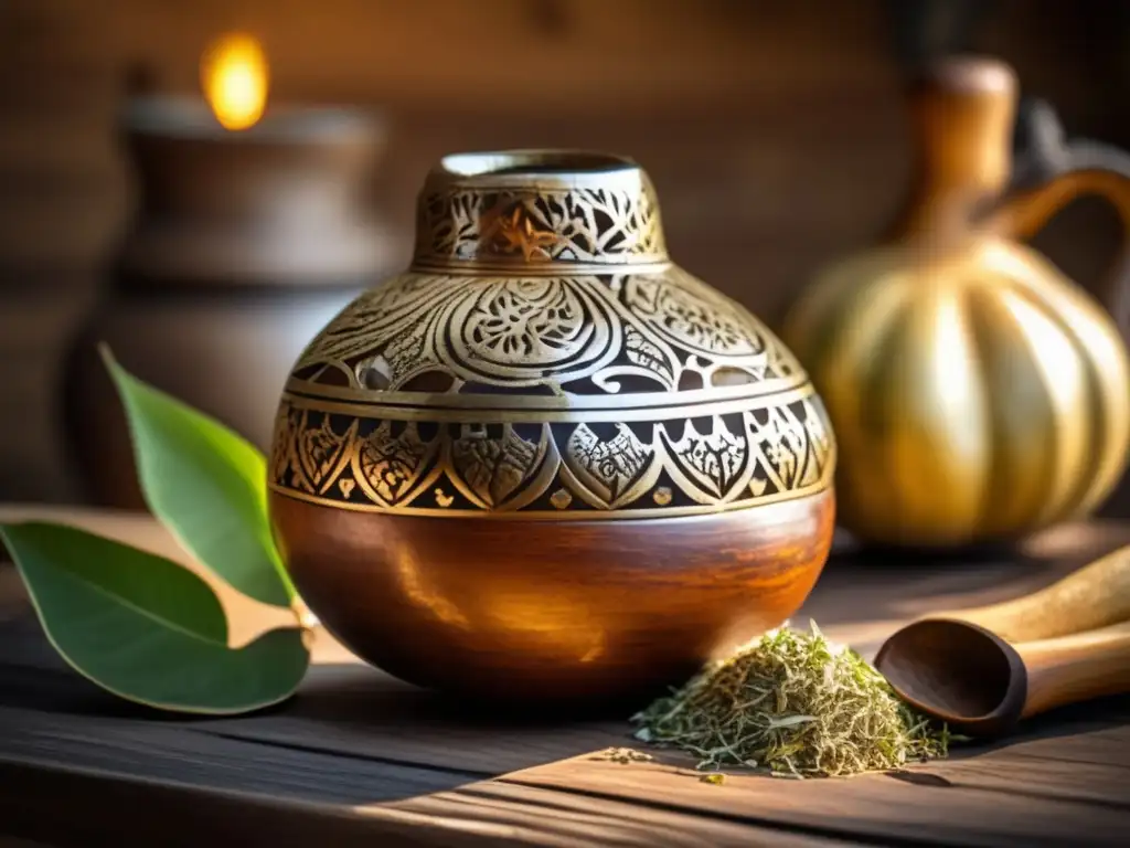 Una imagen evocadora de una tradicional mate y bombilla rodeada de hierbas secas en una mesa de madera rústica