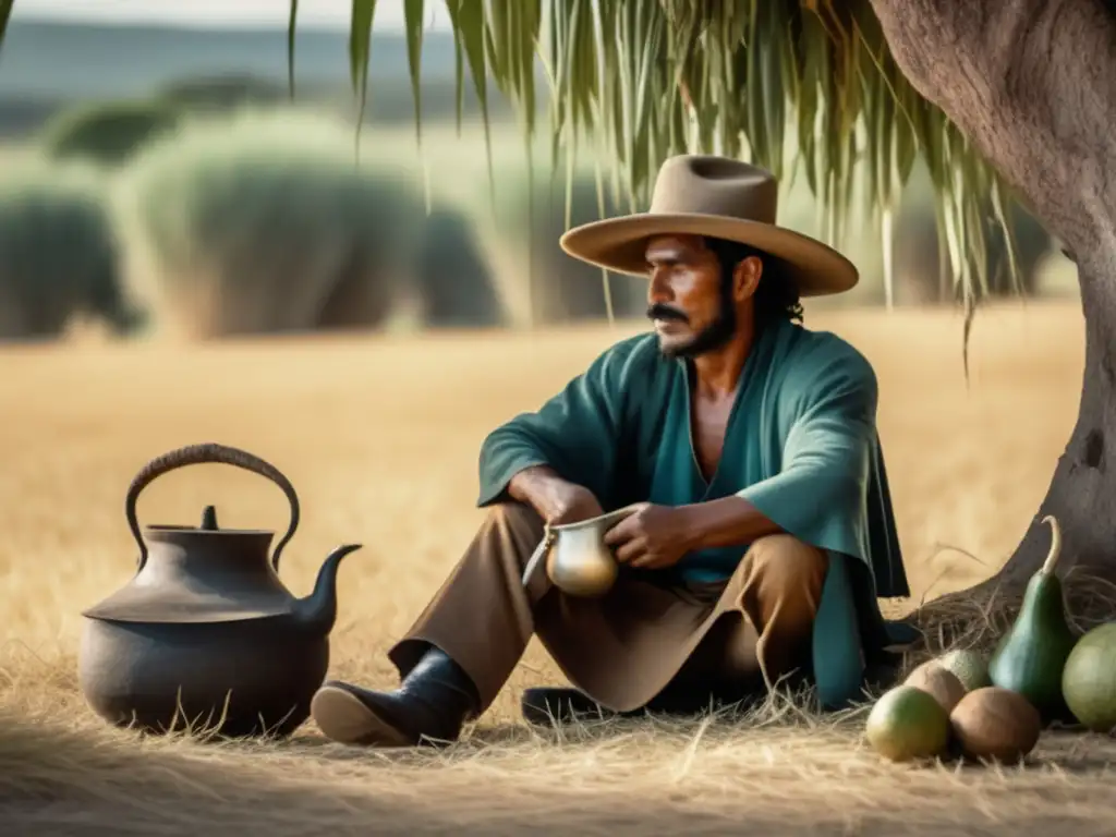 Imagen de gaucho preparando mate en la vasta pampa rioplatense - Técnicas de adaptación de cultivos de mate