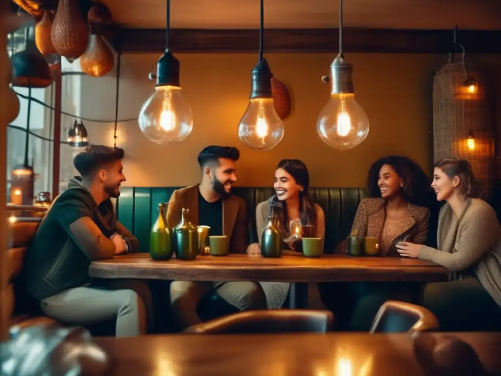 Imagen: Jóvenes disfrutando del mate en café vintage - Tendencias consumo mate jóvenes