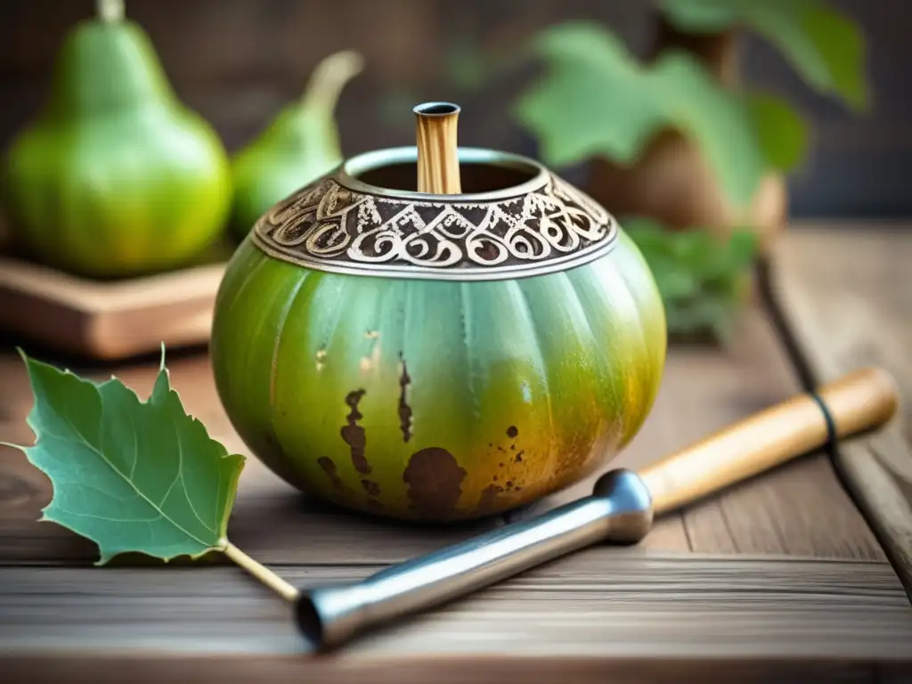 Imagen: Tradición del mate en el Río de la Plata - Gourd y bombilla sobre mesa de madera gastada, con detalles tallados y pátina envejecida