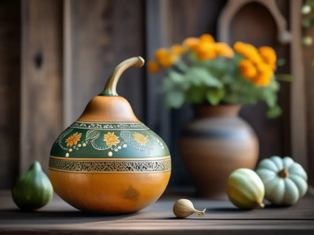 Imagen: Mate tradicional con beneficios curativos, mesa de madera, detalles florales y objetos poéticos