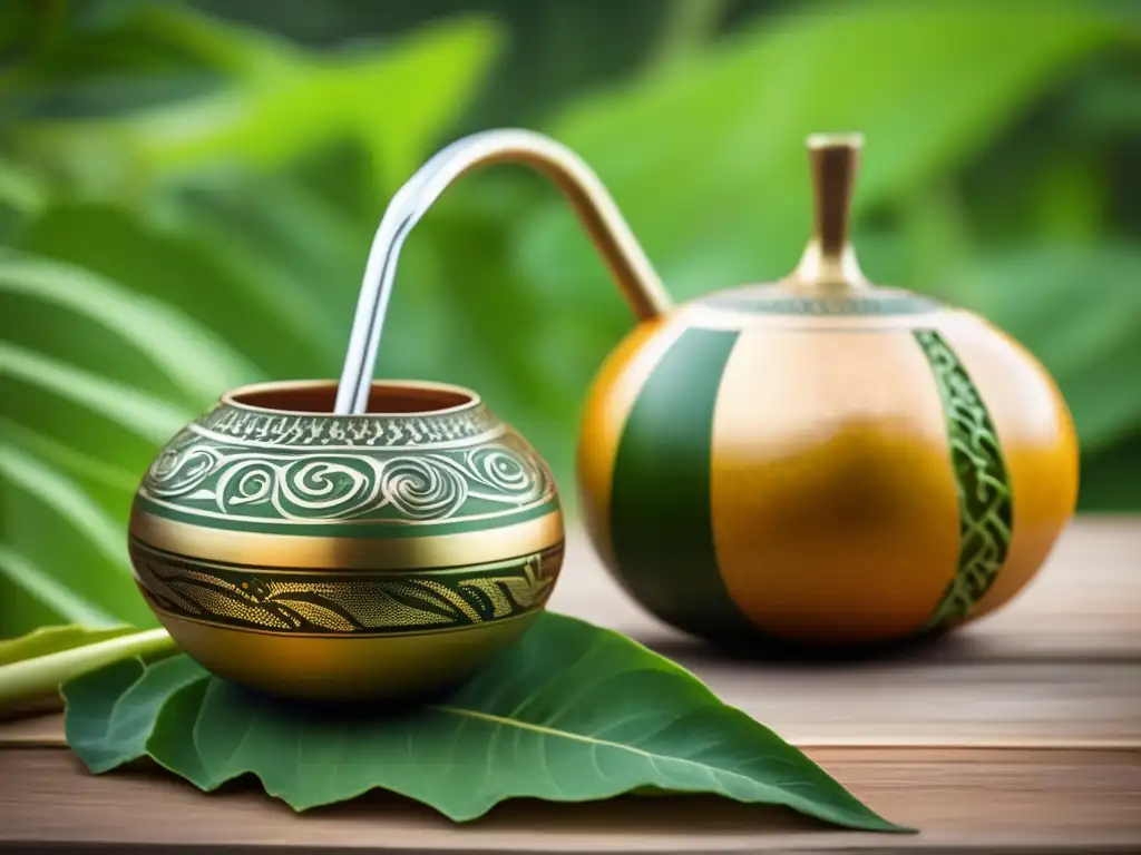 Imagen de mate tradicional sudamericano con detalles tallados, rodeada de hojas de yerba mate