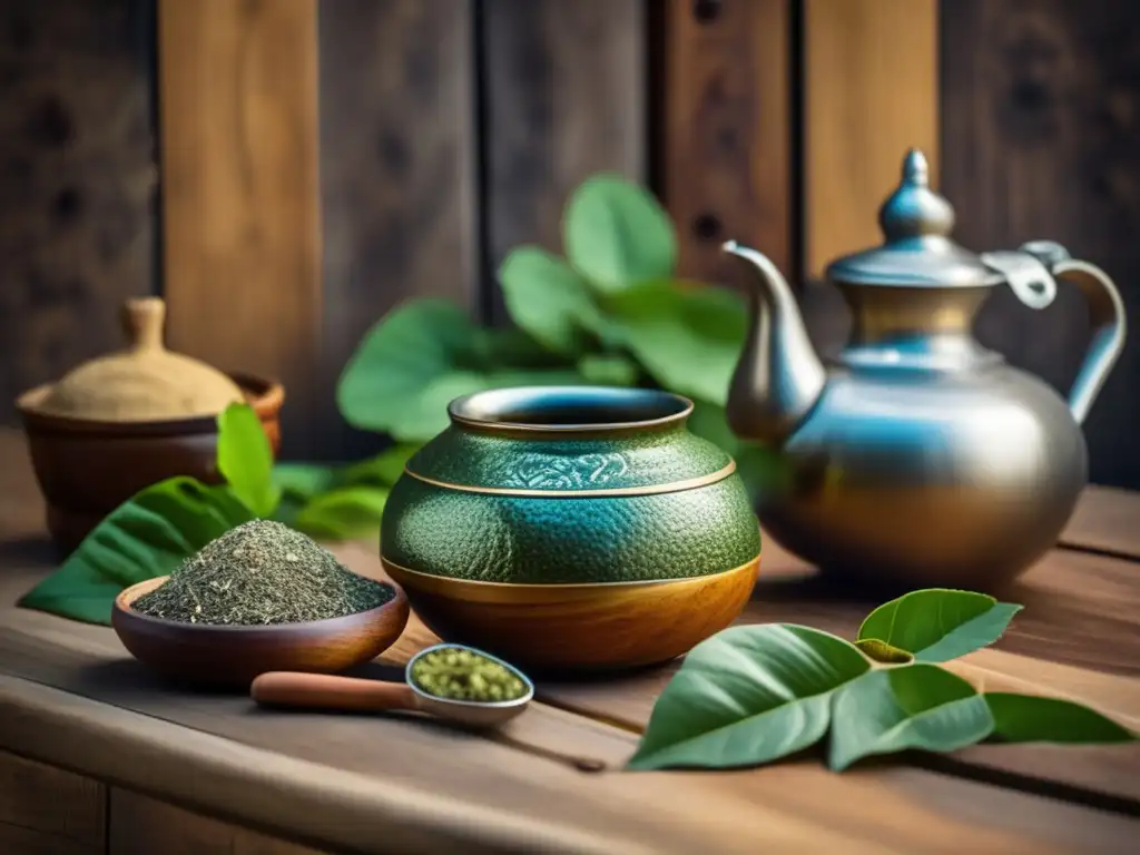 Imagen de mate tradicional con yerba, hierbas aromáticas y bombilla de plata en una mesa de madera