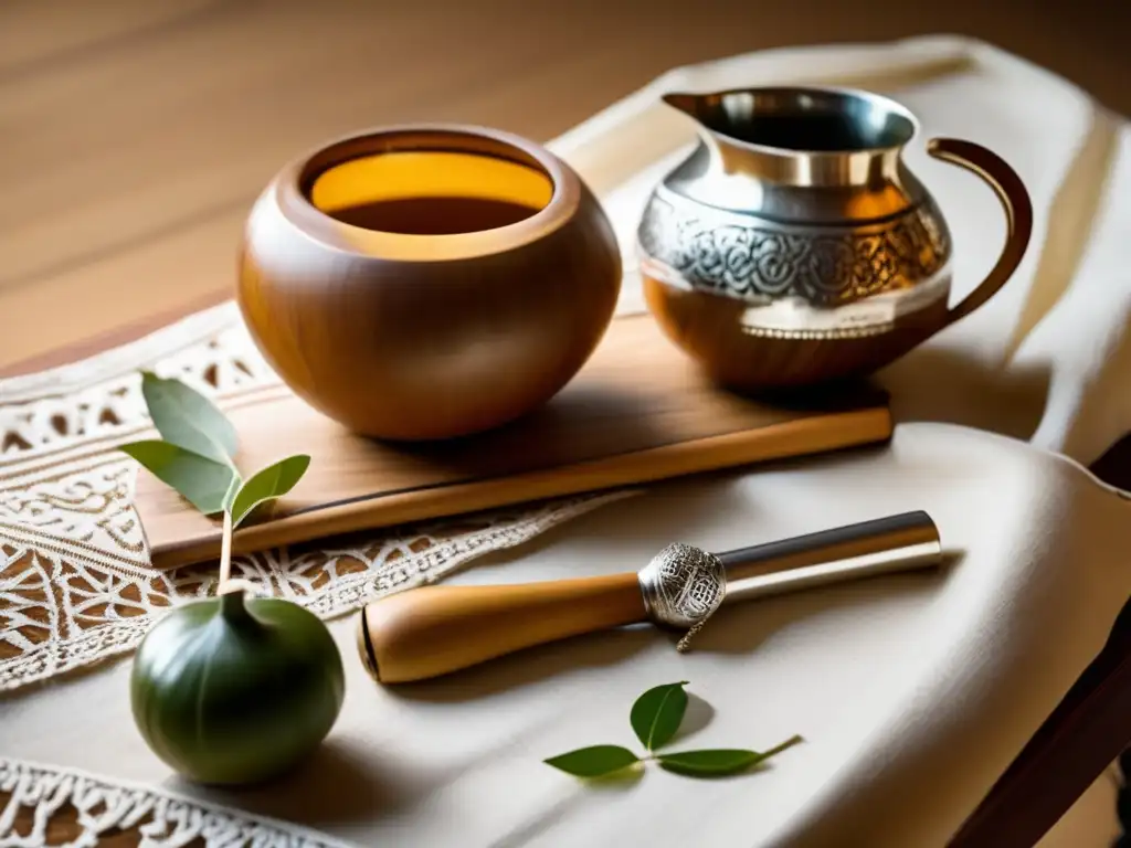 Imagen de mesa de madera antigua con set de mate tradicional y técnicas de limpieza para mate