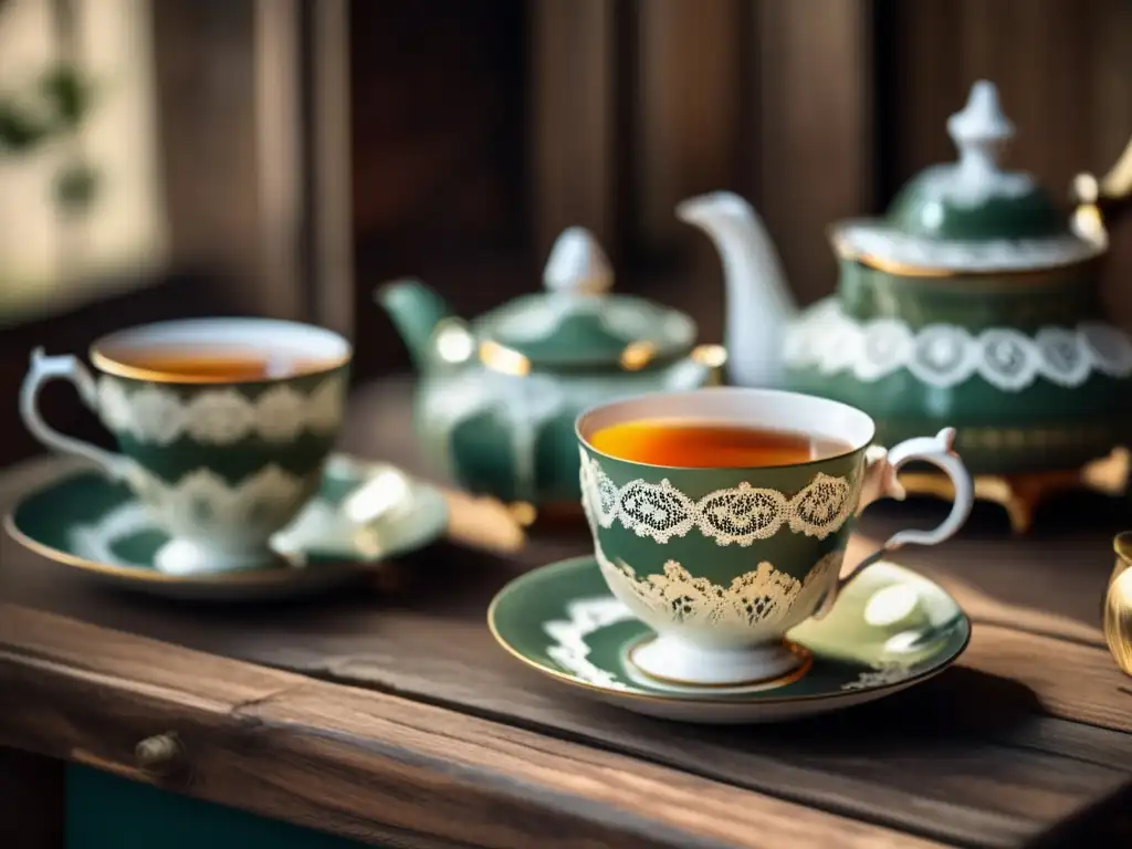 Imagen de una mesa rústica con un juego de té vintage, libros antiguos y luz suave - Museos del mate degustaciones históricas