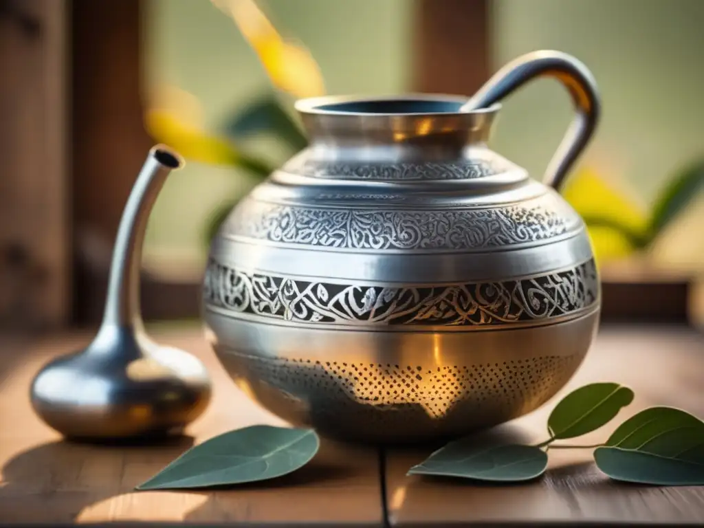 Imagen: Mate de plata antiguo con hojas de yerba mate y bombilla, rodeado de amistad y tradición (Ritual de cebado del mate)