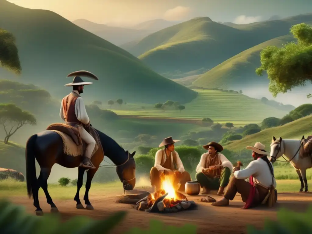 Imagen de la evolución de la publicidad del mate: gauchos disfrutan del mate en la naturaleza rioplatense