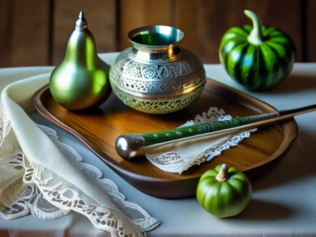 Imagen de recipientes para tomar tereré tradicionales en un entorno vintage con gourd plateado y bombilla de plata, yuyos y escena campestre