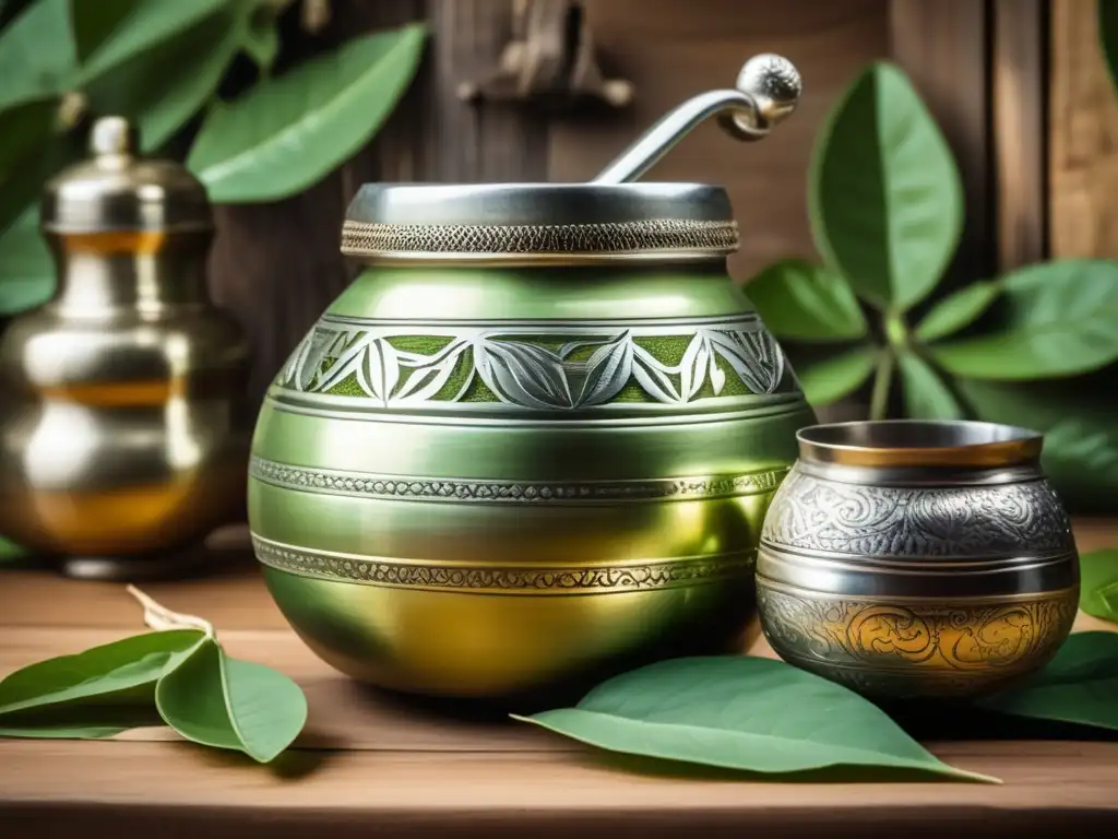 Imagen de un set vintage de yerba mate con gourd, bombilla y tazas